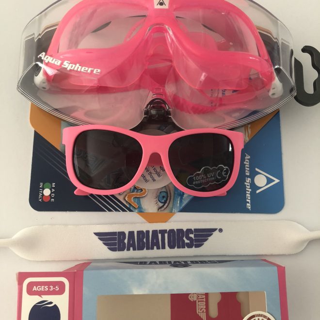 Pink sunglasses and goggles for the 3-5 yr old
